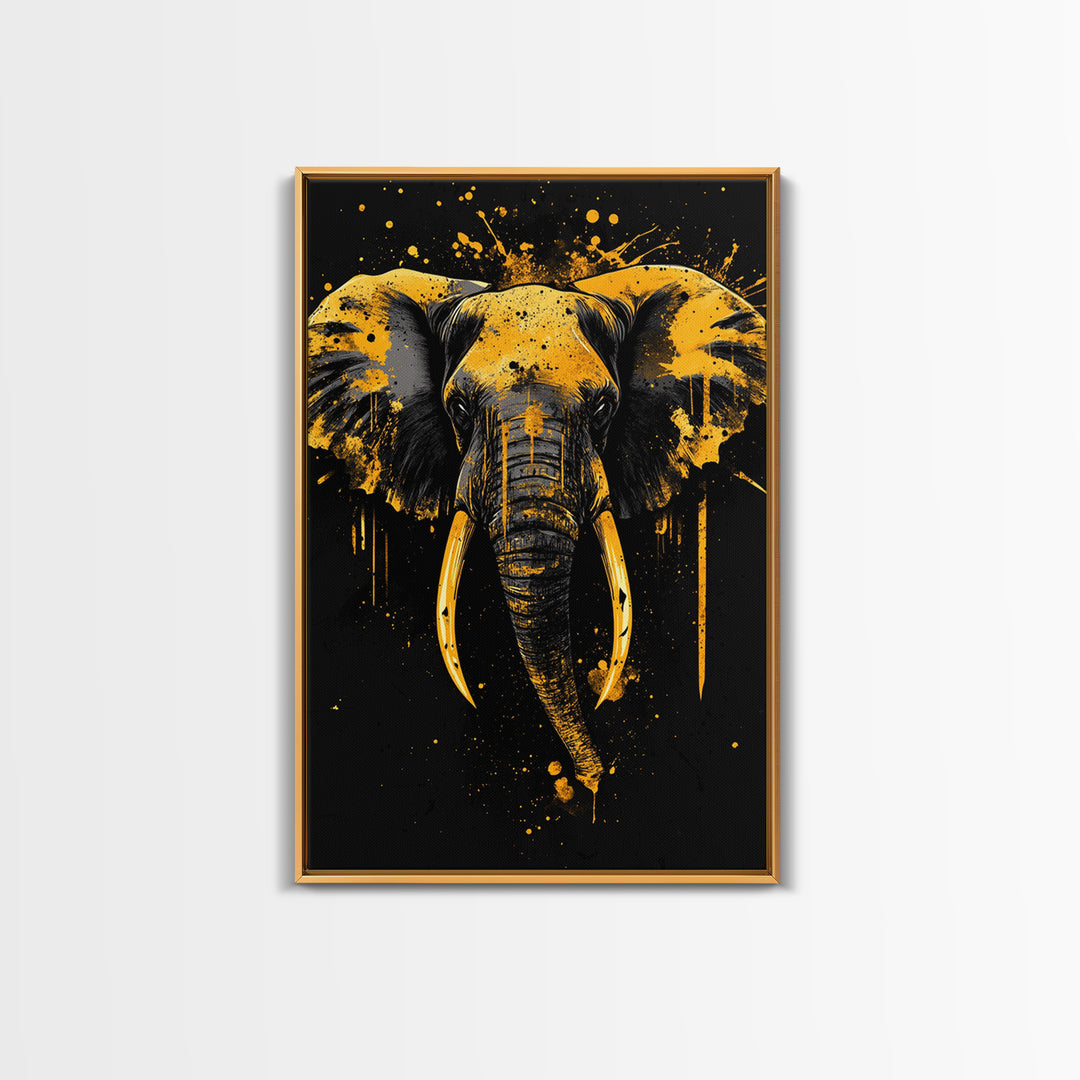 Elephant Head Gold Canvas Print, Splatter Style Wildlife Artwork, Majestic Animal Wall Decor, Real Wood Frame