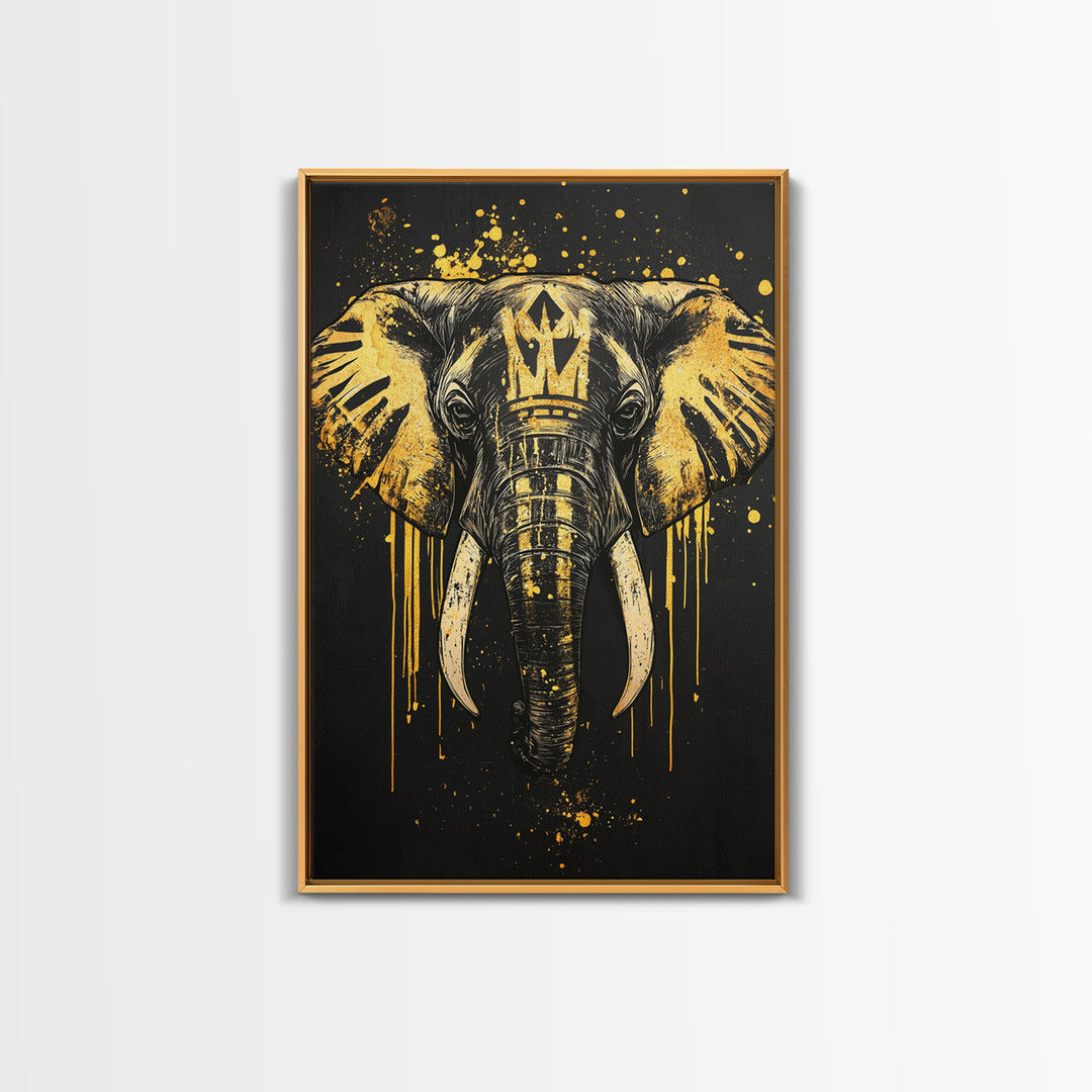 Royal Elephant Gold Canvas Print, Splatter Style Tribal Artwork, Majestic Animal Wall Decor, Real Wood Frame