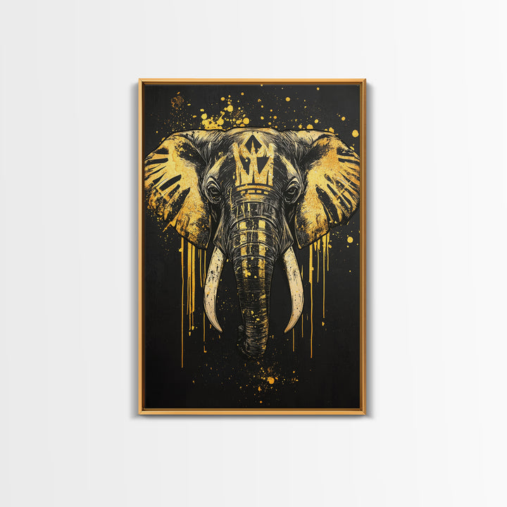 Royal Elephant Gold Canvas Print, Splatter Style Tribal Artwork, Majestic Animal Wall Decor, Real Wood Frame