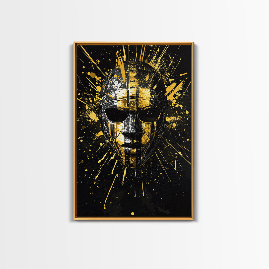 Ancient Warrior Mask Gold Canvas Print, Ornate Tribal Face Artwork, Bold Splatter Style Wall Decor, Real Wood Frame