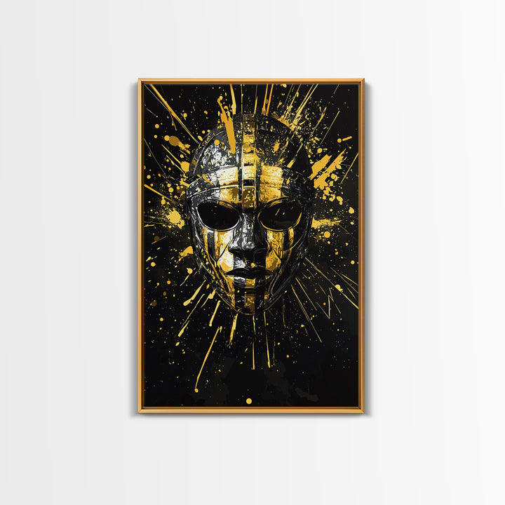Ancient Warrior Mask Gold Canvas Print, Ornate Tribal Face Artwork, Bold Splatter Style Wall Decor, Real Wood Frame
