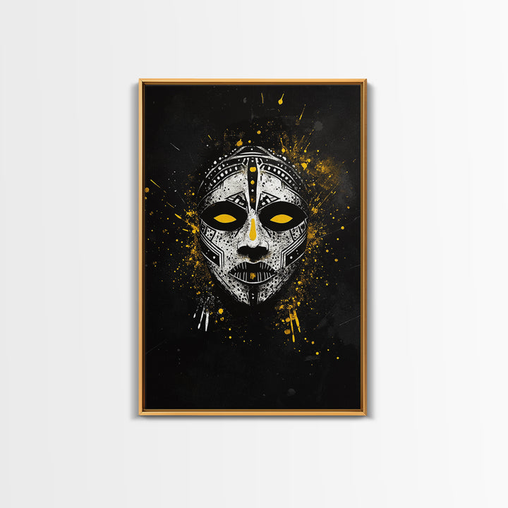 Tribal Painted Mask Gold Canvas Print, Ethnic Face Artwork, Bold Splatter Ink Wall Hanging Decor, Real Wood Frame