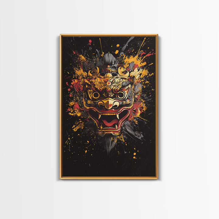 Barong Mythical Mask Gold Canvas Print, Ornate Balinese Face Artwork, Cultural Splatter Wall Decor, Real Wood Frame