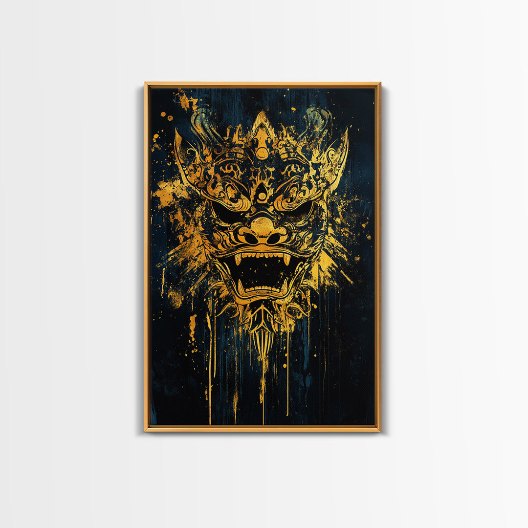 Balinese Barong Mask Gold Canvas Print, Ornate Spiritual Face Artwork, Mythic Cultural Wall Decor, Real Wood Frame