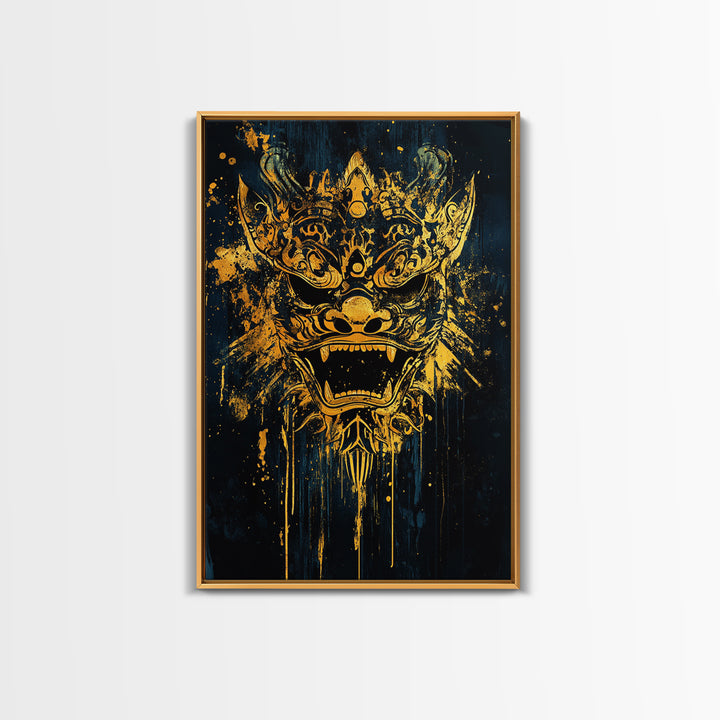 Balinese Barong Mask Gold Canvas Print, Ornate Spiritual Face Artwork, Mythic Cultural Wall Decor, Real Wood Frame