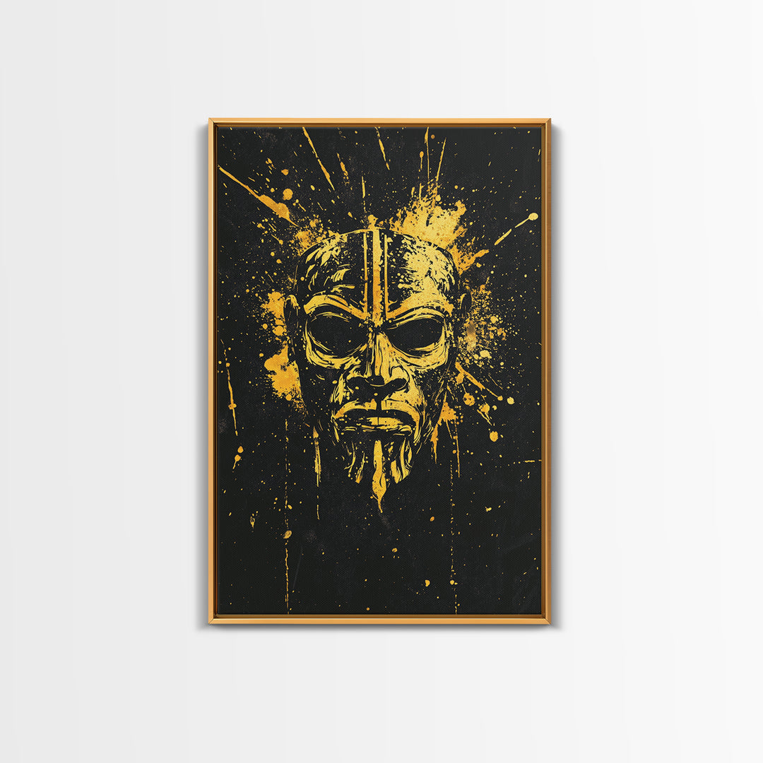 Batak Tribal Mask Gold Canvas Print, Ornate Ethnic Face Artwork, Ancient Cultural Wall Hanging Decor, Real Wood Frame