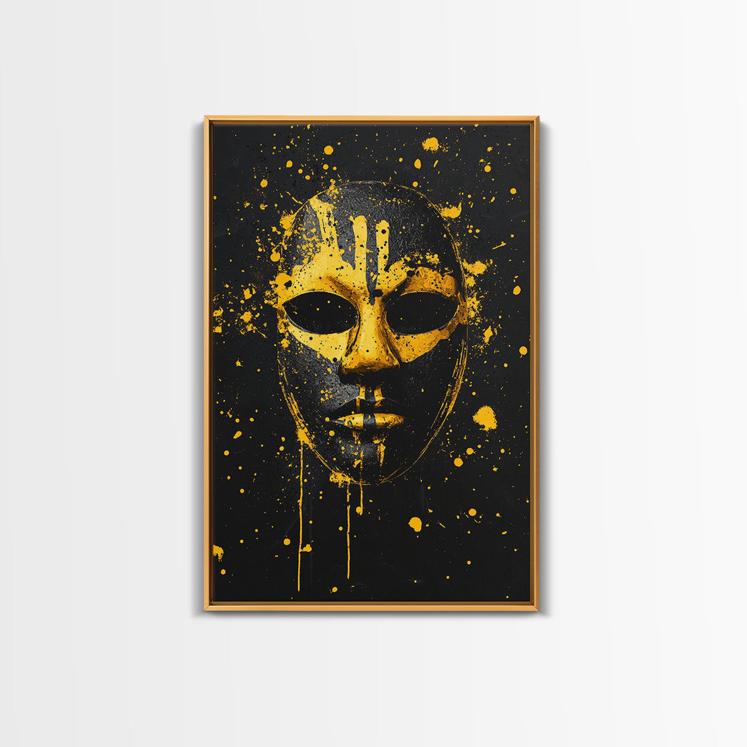 Abstract Splatter Mask Gold Canvas Print, Tribal Face Wall Art, Bold Modern Mask Artwork, Real Wood Frame Home Decor