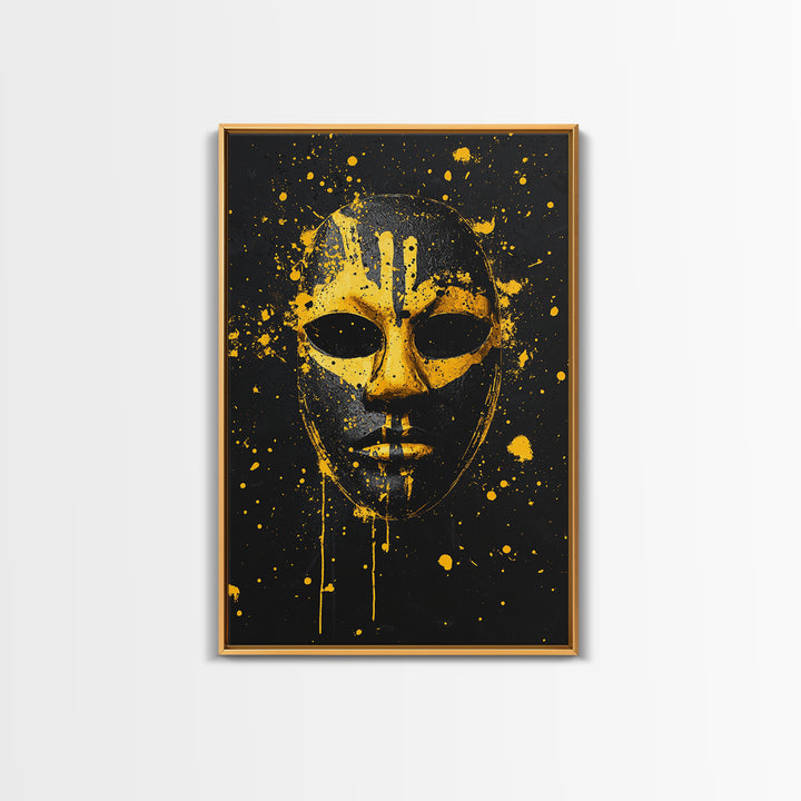 Abstract Splatter Mask Gold Canvas Print, Tribal Face Wall Art, Bold Modern Mask Artwork, Real Wood Frame Home Decor
