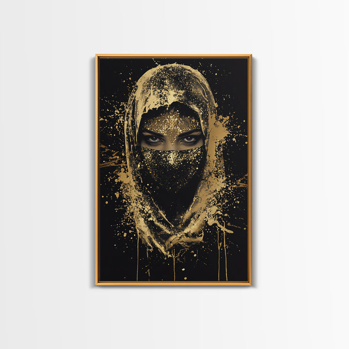 Mystical Veiled Woman Gold Canvas Print, Splatter Style Portrait Art, Ethereal Female Artwork, Real Wood Frame Wall Decor