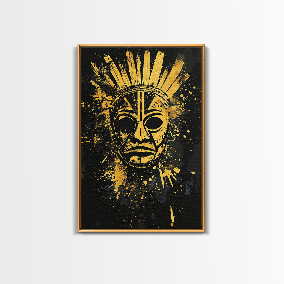 Feathered Tribal Mask Gold Canvas Print, Ancestral Face Art, Splatter Style Ethnic Wall Hanging, Real Wood Frame Artwork