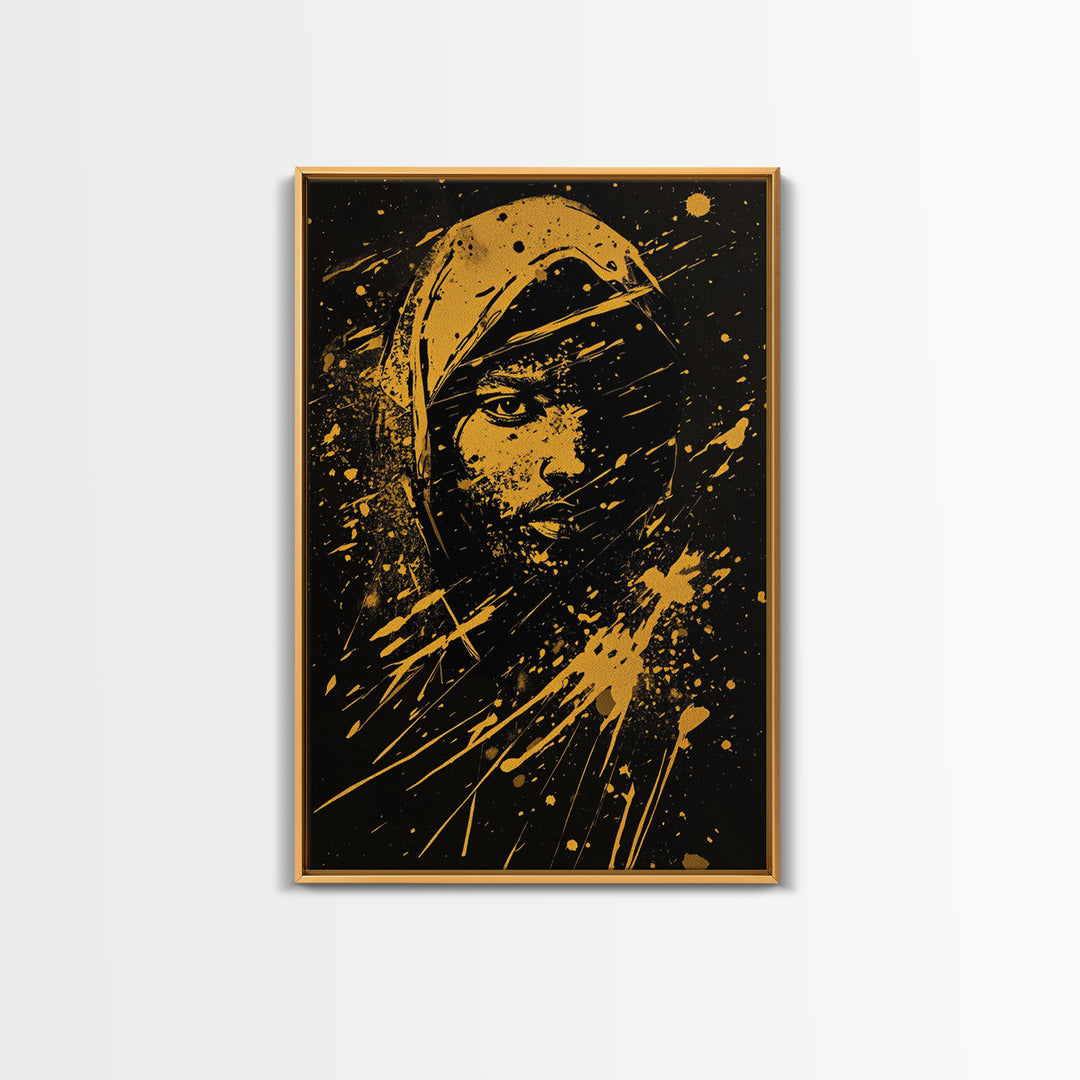 Golden Veiled Portrait Gold Canvas Print, Abstract Female Art, Splatter Style Ethereal Face Artwork, Real Wood Frame Decor