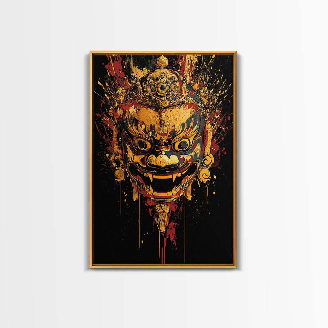 Fierce Mythic Mask Gold Canvas Print, Splatter Style Tribal Face Art, Bold Ancestral Artwork, Real Wood Frame Wall Hanging