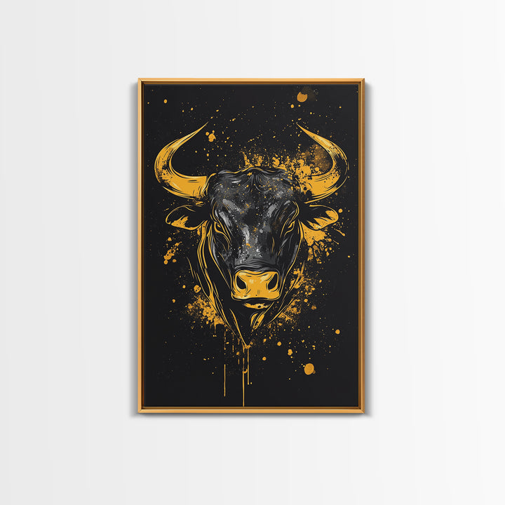 Powerful Bull Head Gold Canvas Print, Abstract Splatter Animal Art, Bold Strength Symbol Artwork, Real Wood Frame Wall Decor