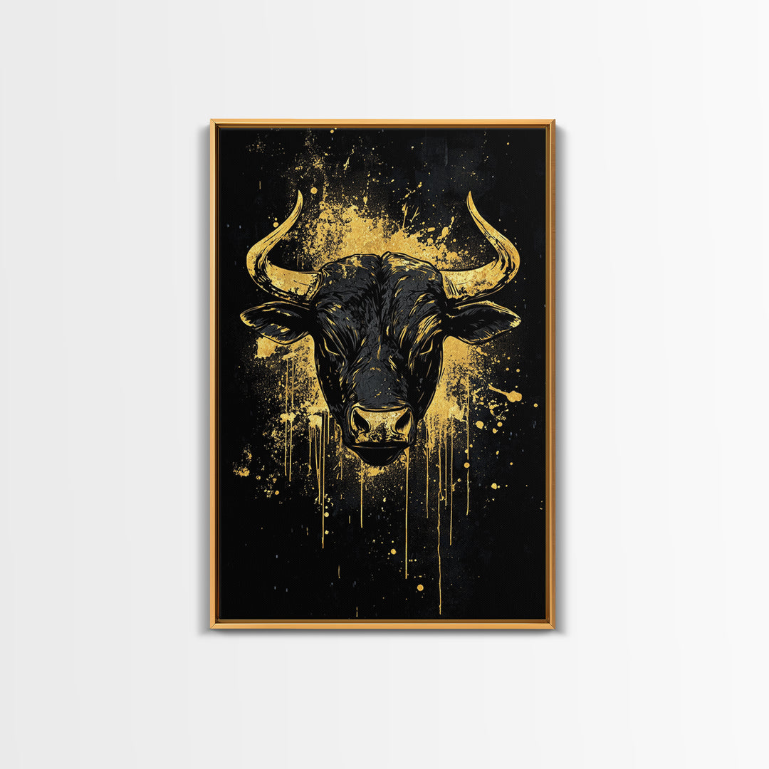 Majestic Bull Portrait Gold Canvas Print, Tribal Splatter Animal Artwork, Strong Symbolic Wall Art, Real Wood Frame Decor