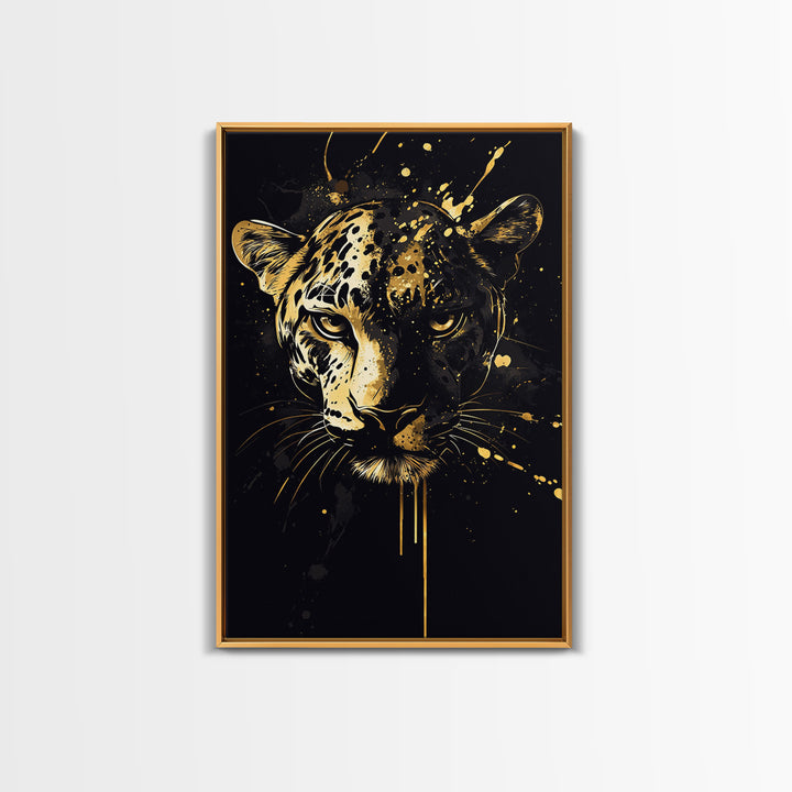 Wild Leopard Face Gold Canvas Print, Bold Animal Portrait Art, Tribal Splatter Style Wall Artwork, Real Wood Frame Home Decor