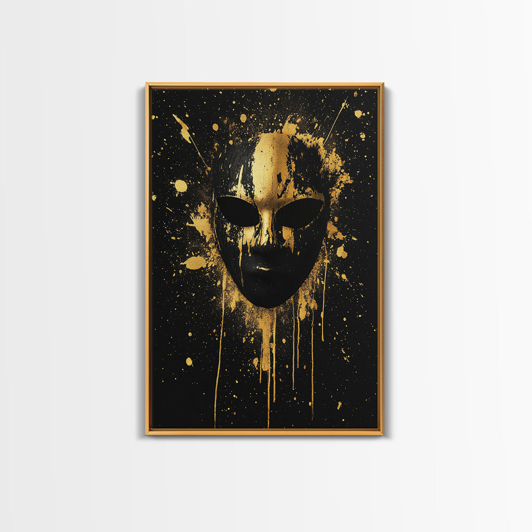 Abstract Splatter Mask Gold Canvas Print, Bold Modern Face Art, Tribal Inspired Wall Decor, Real Wood Frame