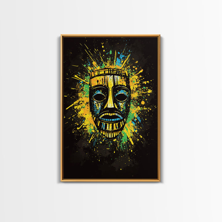 Vibrant Tribal Mask Gold Canvas Art, Ethnic Splatter Style Face Print, Colorful Abstract Wall Decor, Real Wood Frame