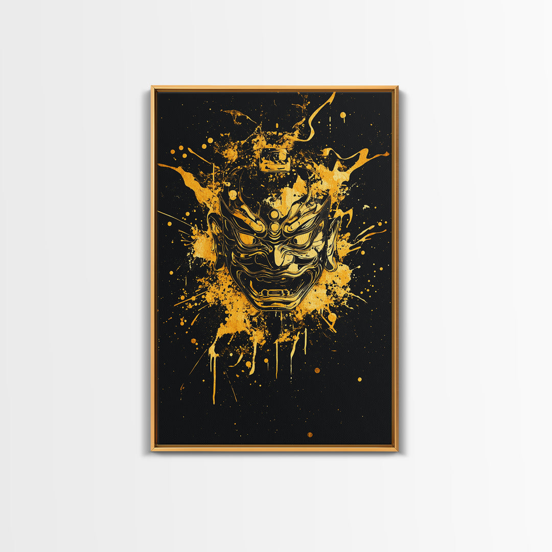 Oni Demon Mask Gold Canvas Print, Japanese Mythology Inspired Art, Splatter Style Wall Decor, Real Wood Frame