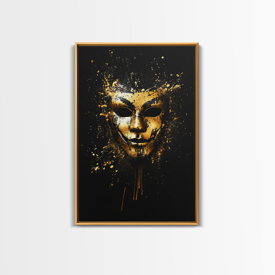 Abstract Painted Mask Gold Canvas Print, Modern Face Art, Bold Splatter Style Wall Decoration, Real Wood Frame