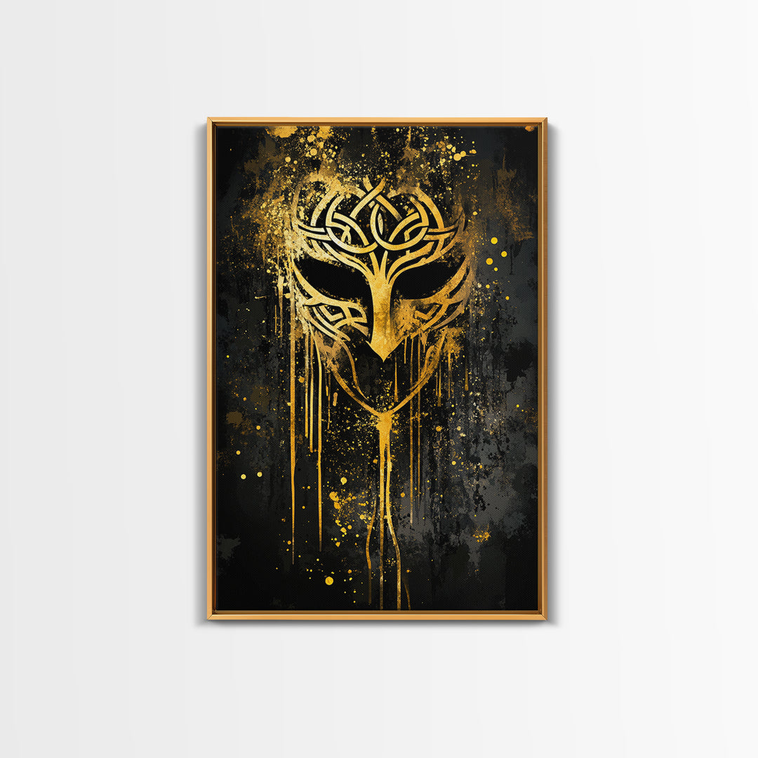 Celtic Knot Mask Gold Canvas Art, Intricate Tribal Inspired Design, Abstract Splatter Wall Decor, Real Wood Frame