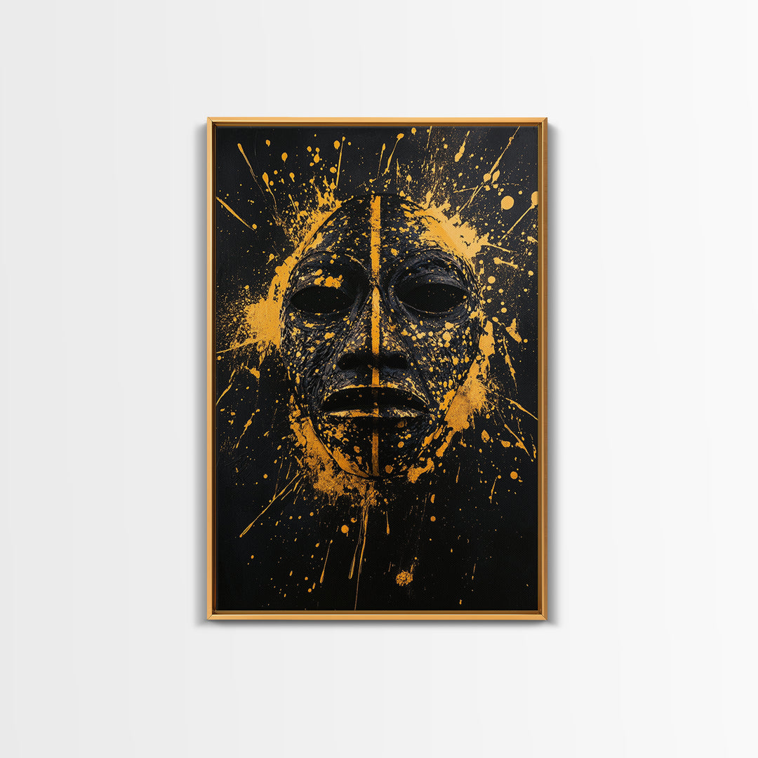 African Tribal Mask Gold Canvas Print, Bold Face Art, Splatter Style Ethnic Wall Decoration, Real Wood Frame
