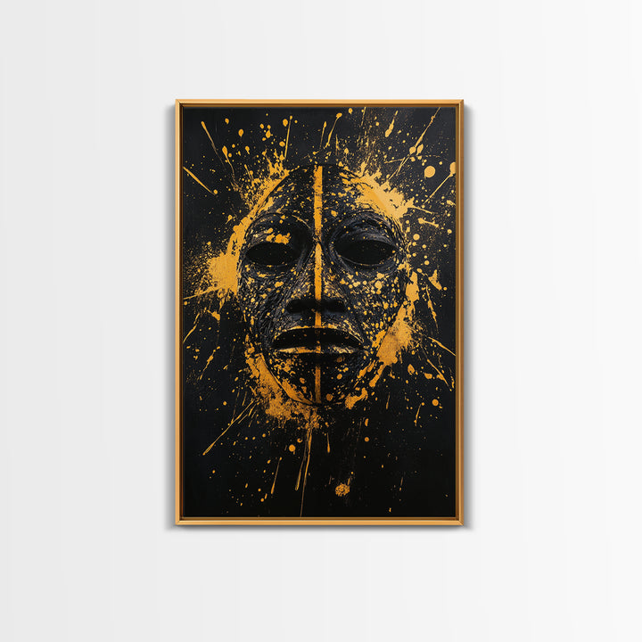 African Tribal Mask Gold Canvas Print, Bold Face Art, Splatter Style Ethnic Wall Decoration, Real Wood Frame