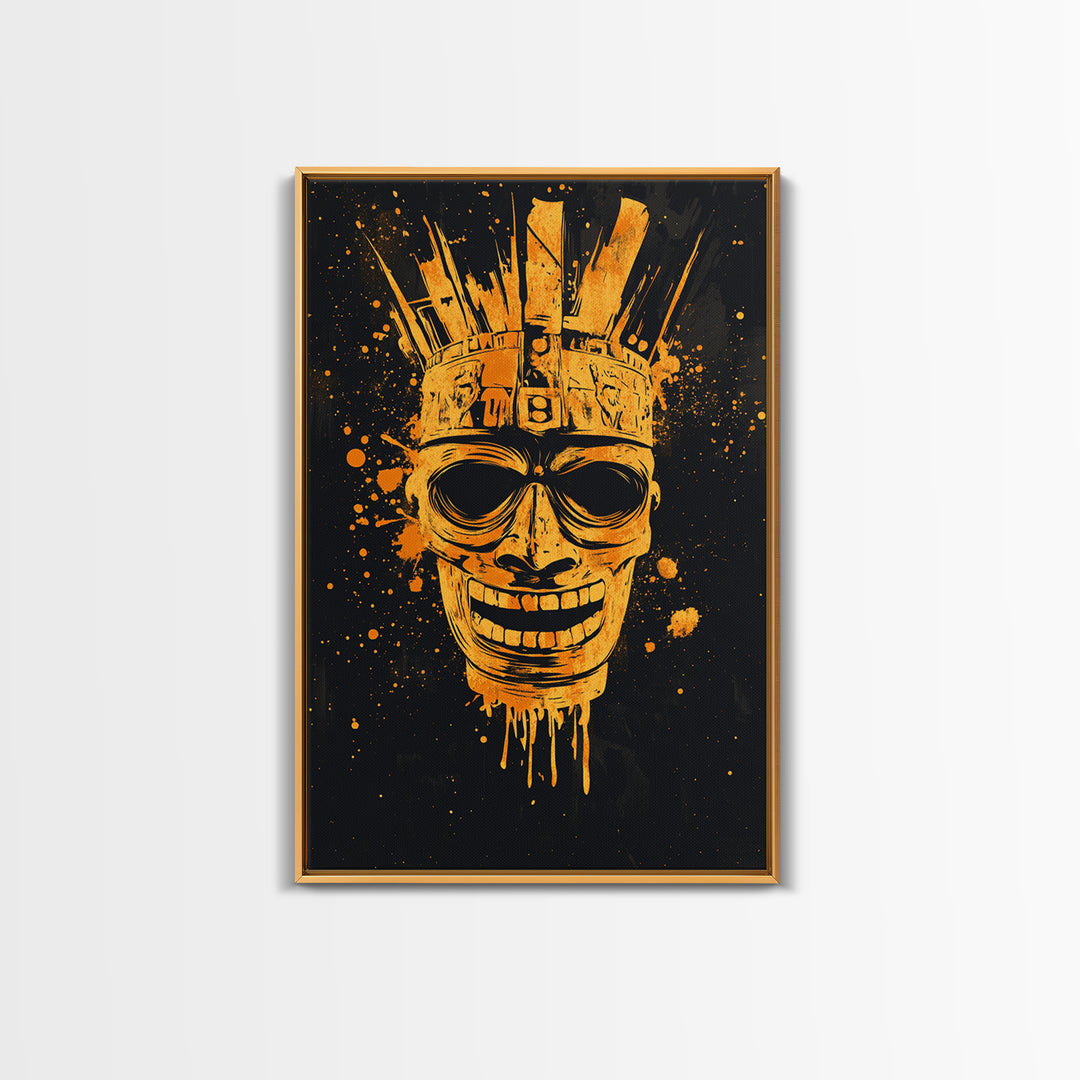 Ancient Warrior Mask Gold Canvas Print, Tribal Armor Inspired Face Art, Bold Splatter Wall Decor, Real Wood Frame