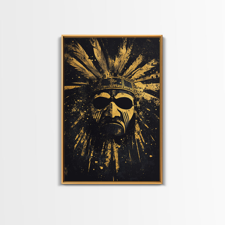 Aztec Sun Mask Gold Canvas Print, Tribal Inspired Ancient Face Art, Splatter Style Wall Decor, Real Wood Frame