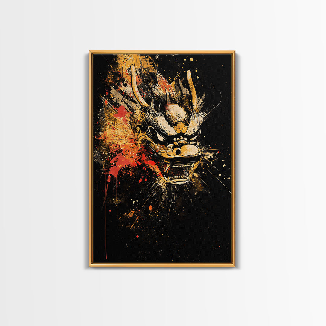 Native Headdress Mask Gold Canvas Art, Tribal Inspired Splatter Face Print, Bold Ethnic Wall Decor, Real Wood Frame