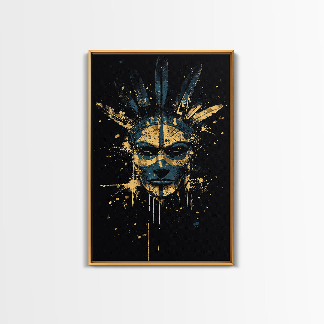 Tribal Feather Mask Gold Canvas Print, Abstract Splatter Mask Wall Art, Real Wood Frame, Modern Ethnic Home Decor