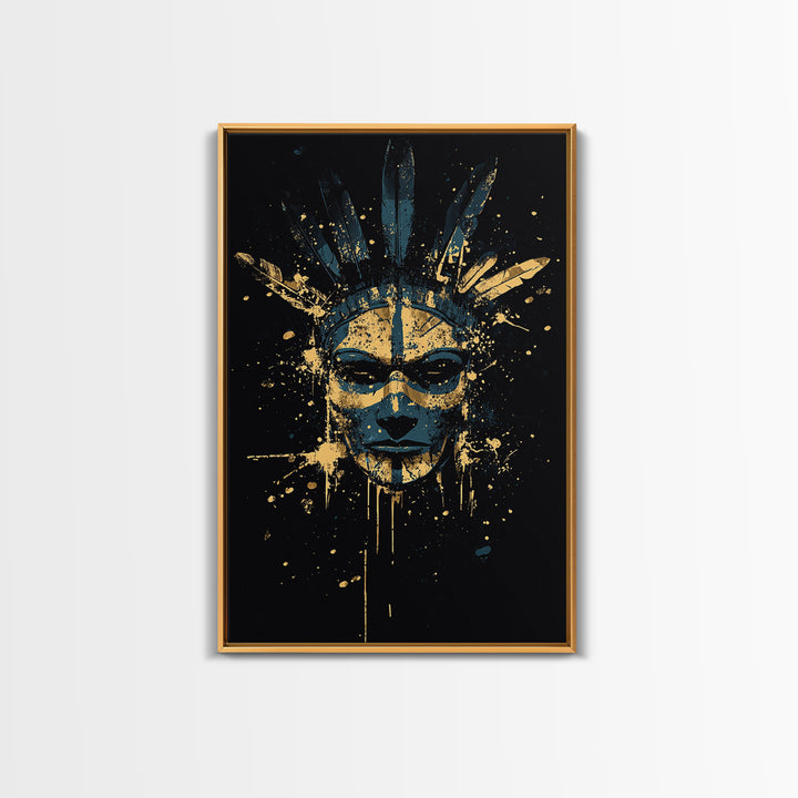Tribal Feather Mask Gold Canvas Print, Abstract Splatter Mask Wall Art, Real Wood Frame, Modern Ethnic Home Decor