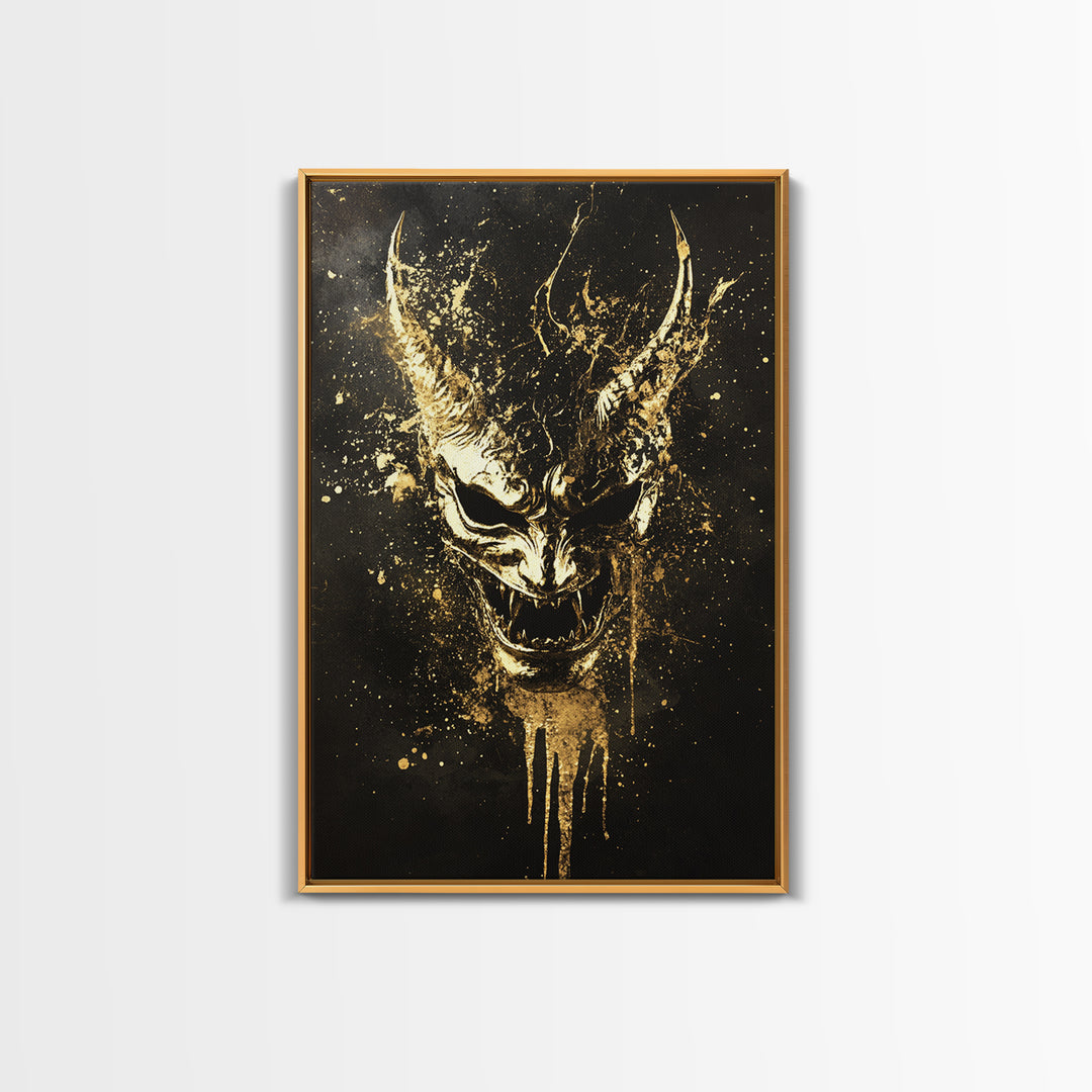 Oni Demon Mask Gold Canvas Print, Japanese Mythology Wall Art, Real Wood Frame, Bold Samurai Mask Artwork