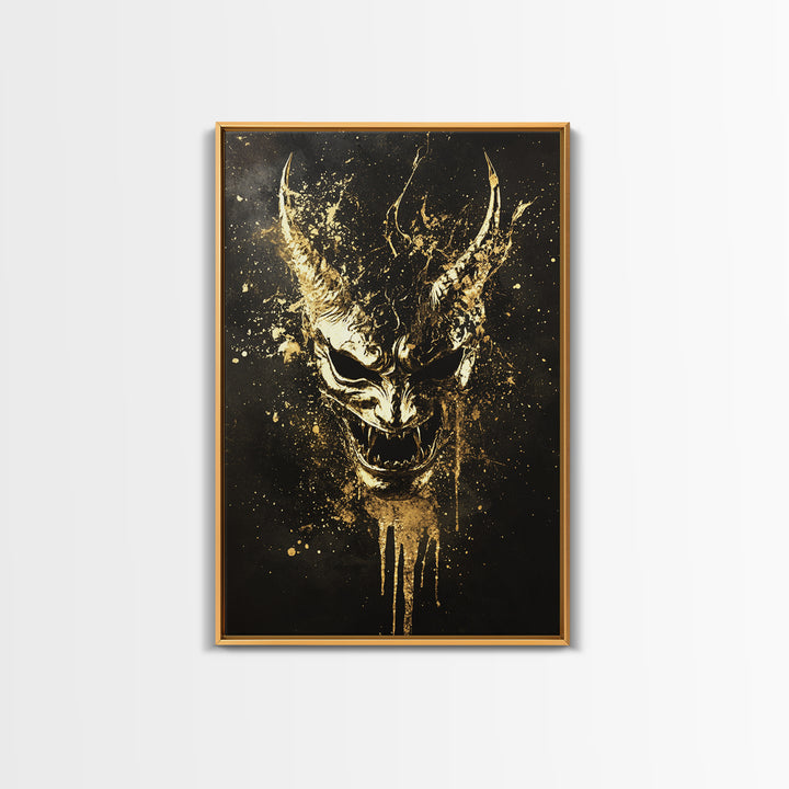 Oni Demon Mask Gold Canvas Print, Japanese Mythology Wall Art, Real Wood Frame, Bold Samurai Mask Artwork