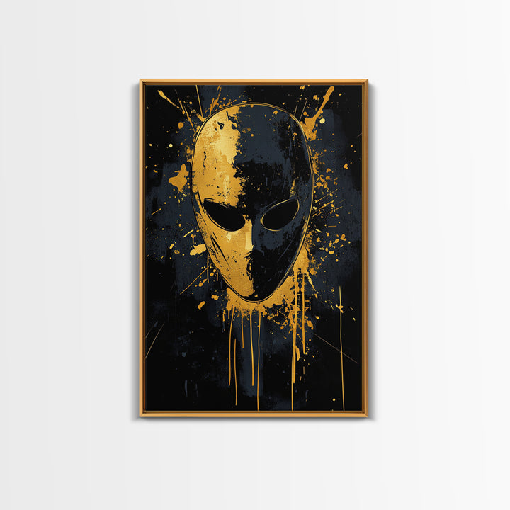 Minimalist Mask Gold Canvas Print, Abstract Splatter Face Wall Art, Real Wood Frame, Contemporary Mask Decor