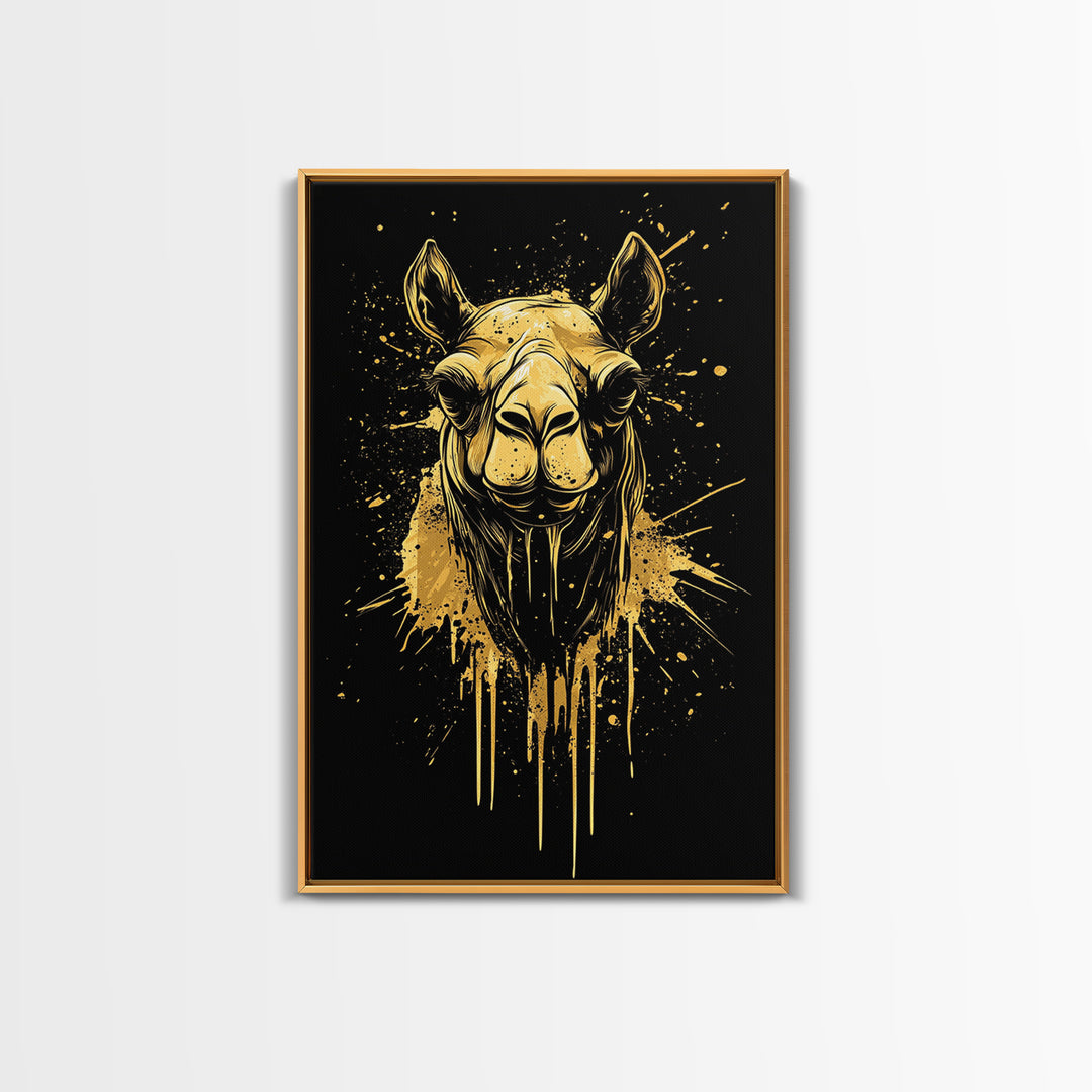 Camel Portrait Gold Canvas Print, Animal Splatter Wall Art, Real Wood Frame, Modern Wildlife Artwork For Home