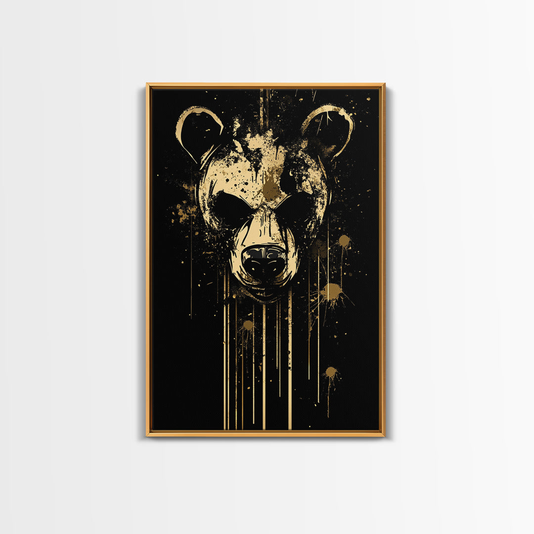 Bear Face Gold Canvas Print, Animal Splatter Wall Art, Real Wood Frame, Fierce Wildlife Artwork For Modern Decor
