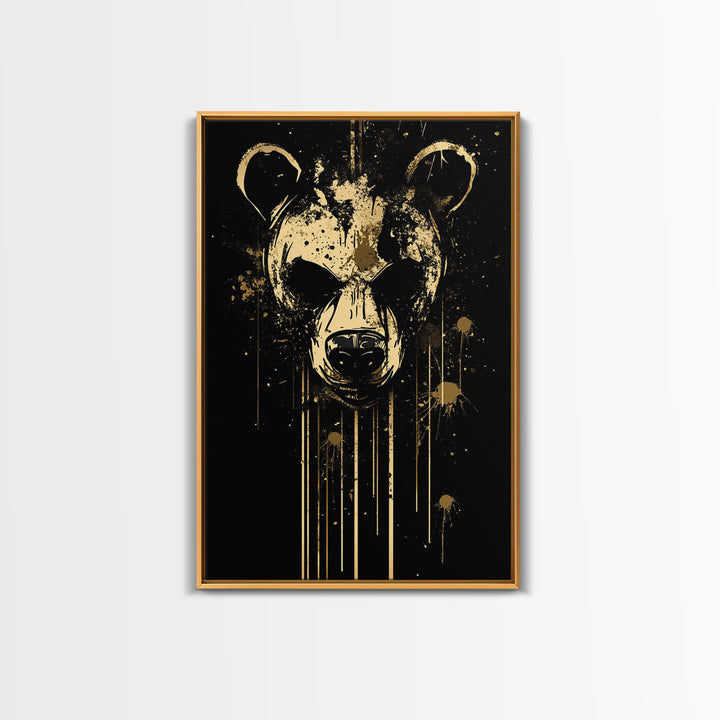 Bear Face Gold Canvas Print, Animal Splatter Wall Art, Real Wood Frame, Fierce Wildlife Artwork For Modern Decor