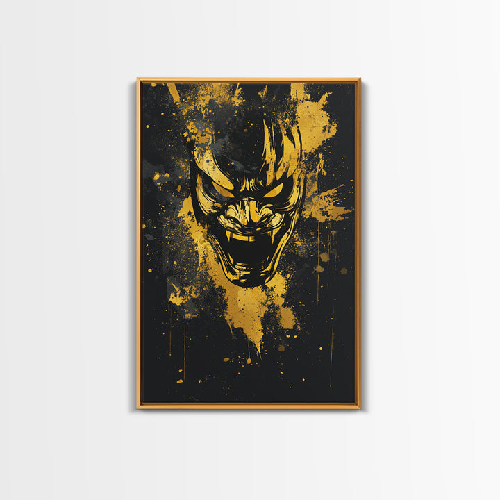 Samurai Mask Gold Canvas Print, Japanese Warrior Wall Art, Real Wood Frame, Bold Splatter Mask Artwork For Home