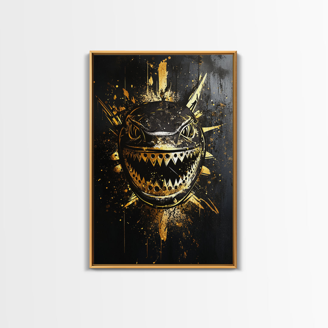 Shark Splatter Gold Canvas Print, Abstract Ocean Predator Wall Art, Real Wood Frame, Bold Modern Sea Life Artwork