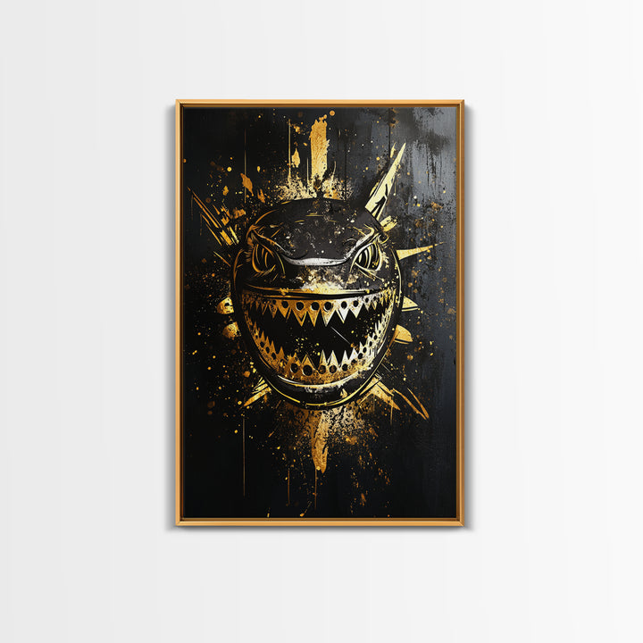 Shark Splatter Gold Canvas Print, Abstract Ocean Predator Wall Art, Real Wood Frame, Bold Modern Sea Life Artwork