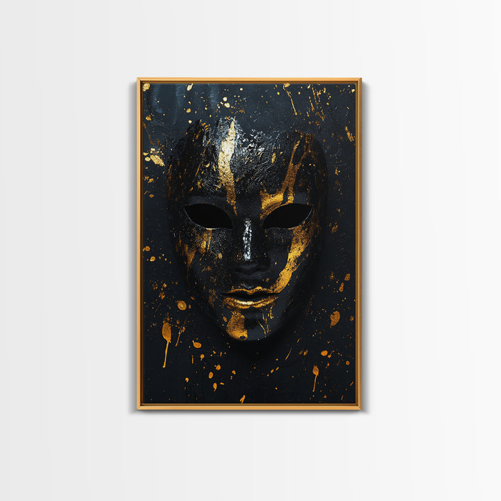 Abstract Mask Gold Canvas Print, Contemporary Splatter Face Wall Art, Real Wood Frame, Modern Tribal Mask Decor