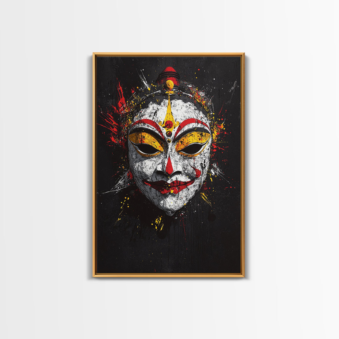 Tribal Feather Mask Gold Canvas Print, Splatter Art Decor, Ethnic Wall Art, Real Wood Frame, Cultural Modern Artwork