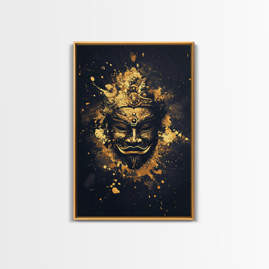 Ancient Mask Gold Canvas Print, Mystical Splatter Wall Art, Real Wood Frame, Bold Spiritual Mask Artwork For Home