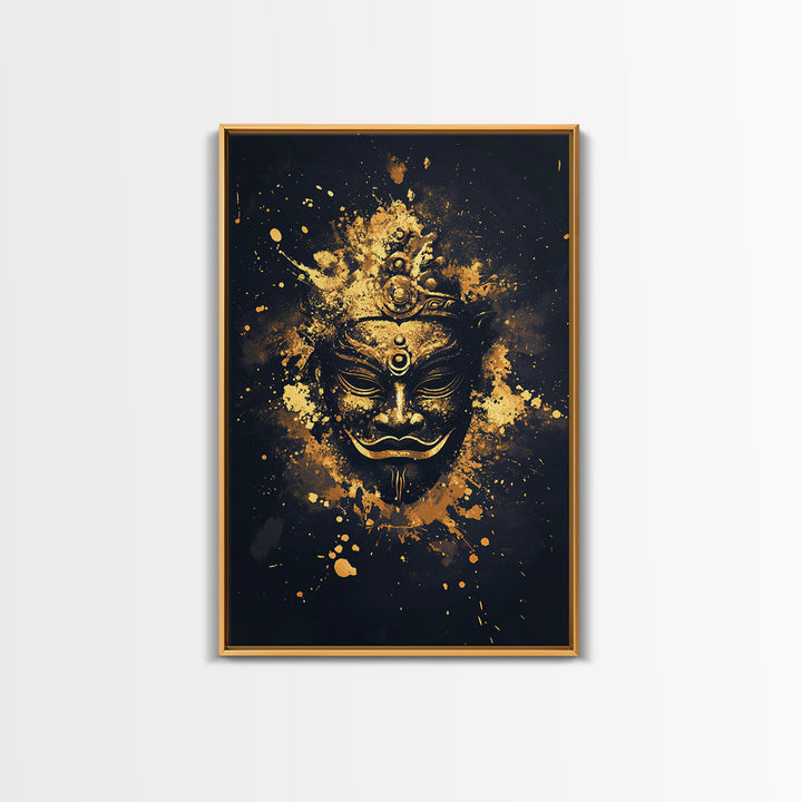Ancient Mask Gold Canvas Print, Mystical Splatter Wall Art, Real Wood Frame, Bold Spiritual Mask Artwork For Home