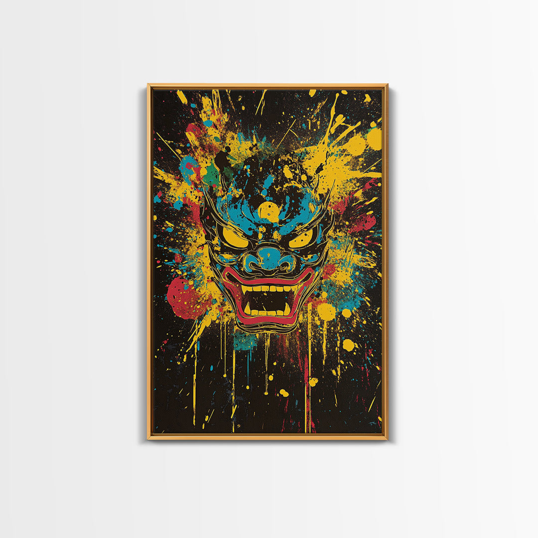 Demonic Horn Mask Gold Canvas Print, Gothic Wall Art, Dark Splatter Painting, Real Wood Frame, Bold Statement Decor