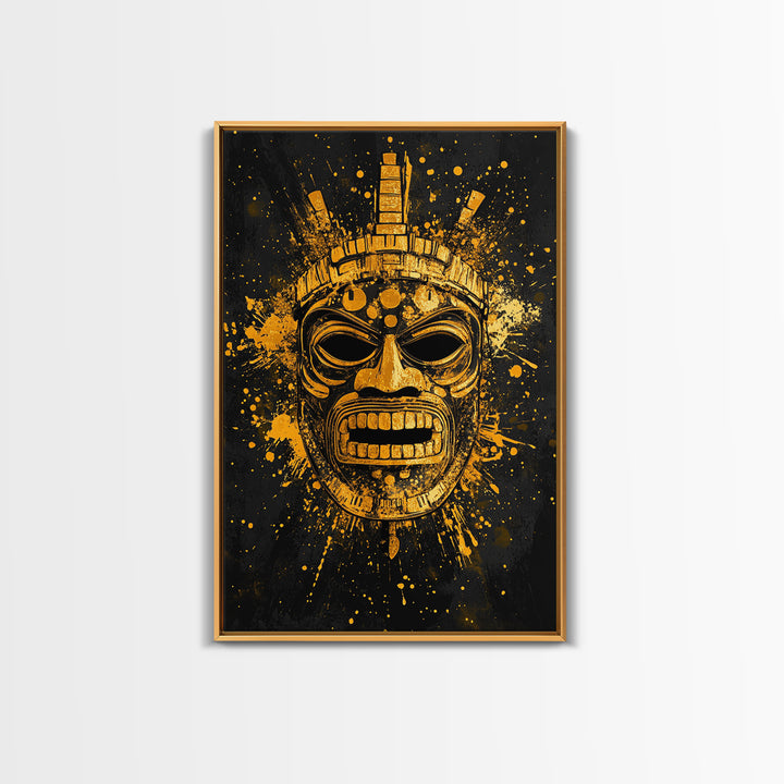 Abstract Alien Mask Gold Canvas Print, Futuristic Splatter Art, Minimalist Wall Art, Real Wood Frame, Modern Home Decor