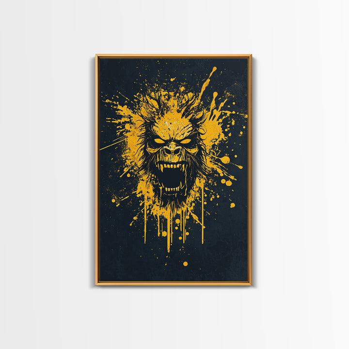 Bear Face Gold Canvas Print, Animal Splatter Art, Fierce Wildlife Wall Decor, Real Wood Frame, Modern Bold Statement Art