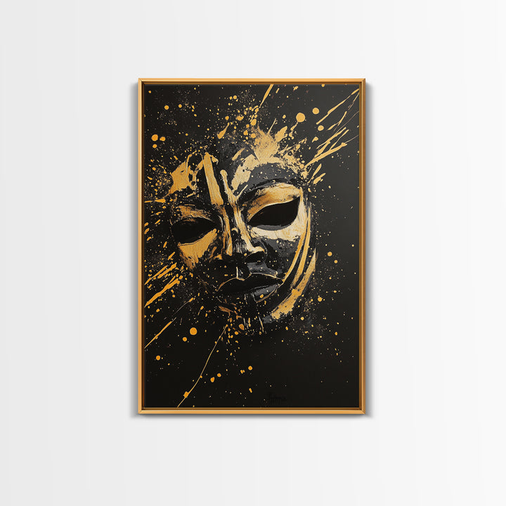 Samurai Oni Mask Gold Canvas Print, Japanese Splatter Artwork, Warrior Wall Art, Real Wood Frame, Bold Cultural Decor