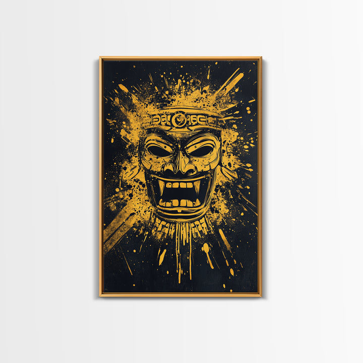Shark Head Gold Canvas Print, Splatter Ocean Art, Fierce Predator Wall Decor, Real Wood Frame, Modern Marine Artwork