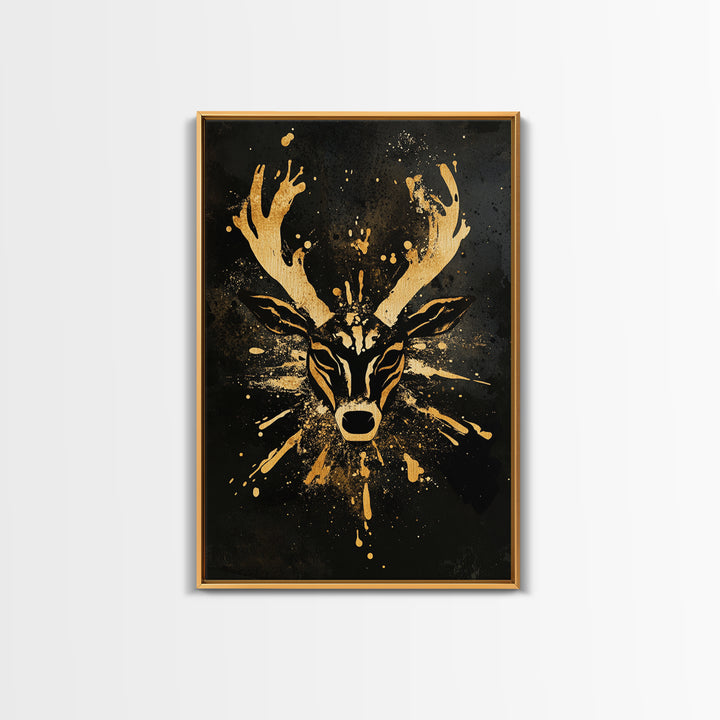 Textured Tribal Mask Gold Canvas Print, Splatter Art Design, Abstract Cultural Wall Art, Real Wood Frame, Bold Decor Piece